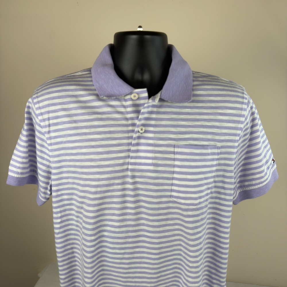 Retro Tommy Hilfiger Mens Slim Fit Polo Shirt Purple‎ White Striped Pocket New